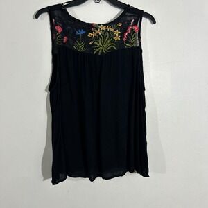 Blue Rain Black Embroidered S Floral Tank Top Sleeveless Casual Boho Festival